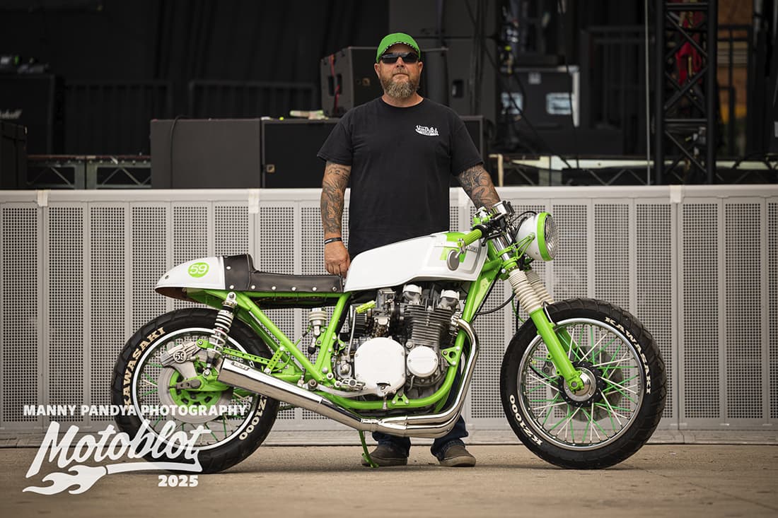 MOTOBLOT Valhalla finalist Josh Longfellow poses with his entry, a Kawasaki Custom
