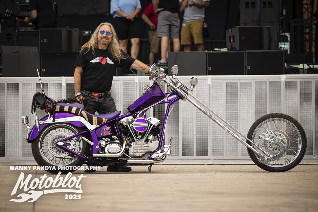 MOTOBLOT Valhalla finalist Kevin Stroud poses with his entry, a Harley-Davidson S&S Knucklehead Rolling Thunder