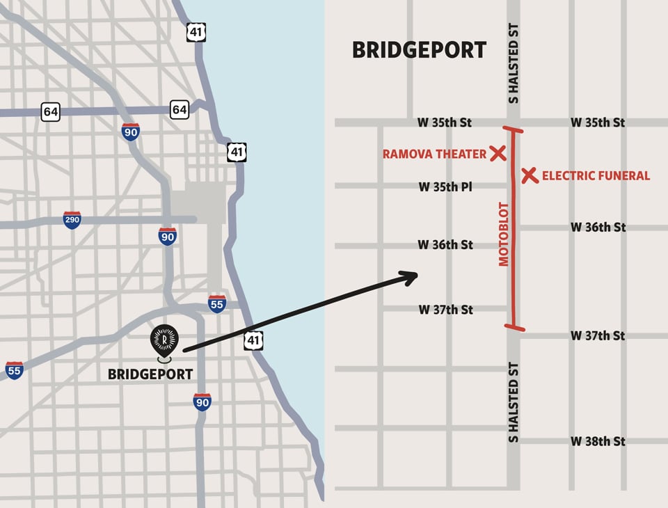 Map showing the MOTOBLOT festival location in Chicago’s Bridgeport neighborhood. The left side displays a simplified city map with highways I-90, I-55, and Route 41. An arrow points east toward Bridgeport. The right side shows local streets around South Halsted Street, highlighting West 35th, 36th, and 37th Streets. A red line marks the MOTOBLOT area on Halsted, with labeled markers for the Ramova Theater and Electric Funeral.