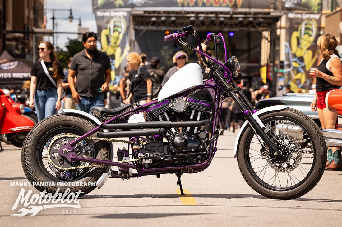 Todd R. Bleecker’s purple-and-white 1990 Harley-Davidson 883 Hugger, the third-place motorcycle at MOTOBLOT Valhalla 2026.